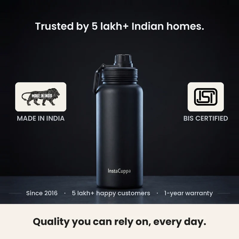 InstaCuppa Insulated Water Bottle 1L — Stainless Steel Thermos Flask, Double-Wall Vacuum, Sports Sipper Lid