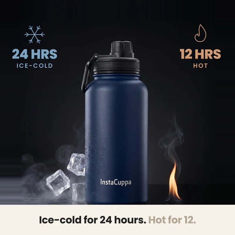 InstaCuppa Insulated Water Bottle 1L — Stainless Steel Thermos Flask, Double-Wall Vacuum, Sports Sipper Lid