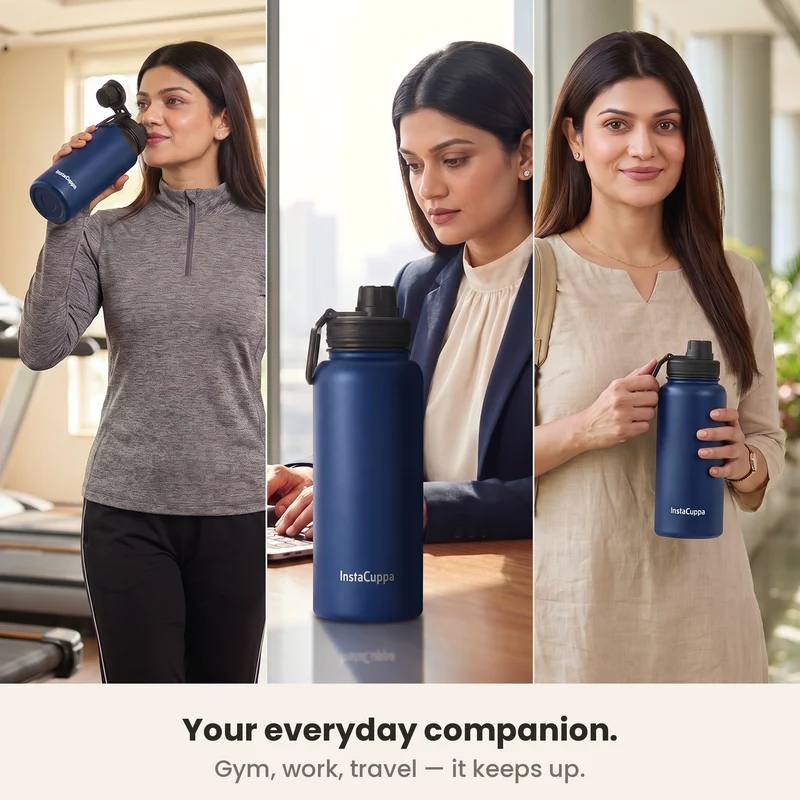 InstaCuppa Insulated Water Bottle 1L — Stainless Steel Thermos Flask, Double-Wall Vacuum, Sports Sipper Lid