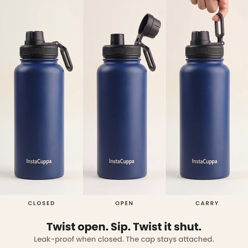 InstaCuppa Insulated Water Bottle 1L — Stainless Steel Thermos Flask, Double-Wall Vacuum, Sports Sipper Lid