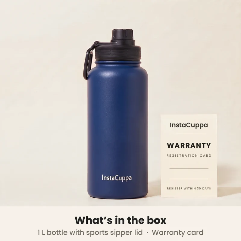 InstaCuppa Insulated Water Bottle 1L — Stainless Steel Thermos Flask, Double-Wall Vacuum, Sports Sipper Lid