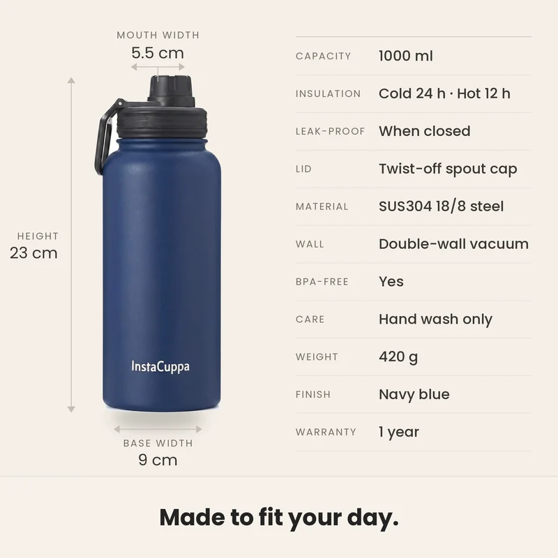 InstaCuppa Insulated Water Bottle 1L — Stainless Steel Thermos Flask, Double-Wall Vacuum, Sports Sipper Lid