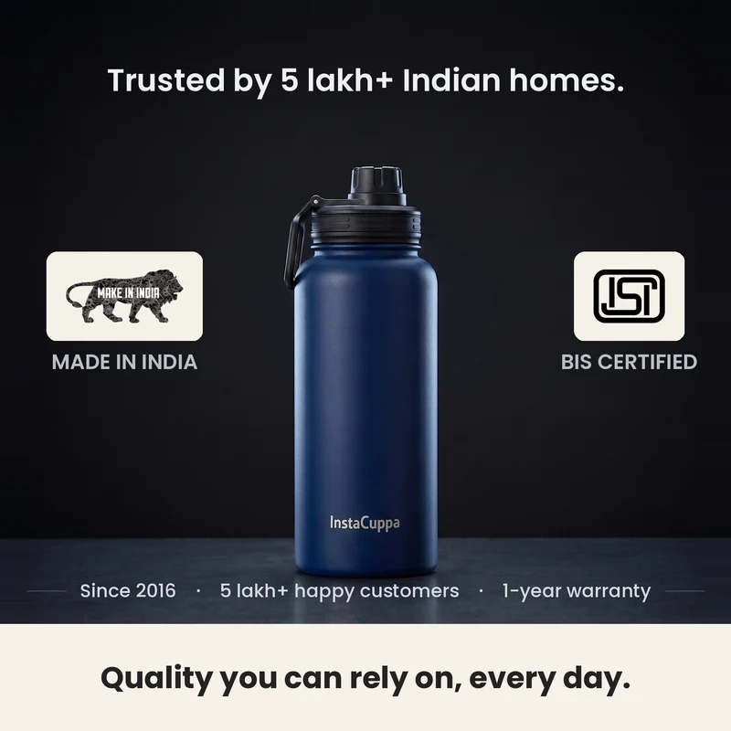 InstaCuppa Insulated Water Bottle 1L — Stainless Steel Thermos Flask, Double-Wall Vacuum, Sports Sipper Lid