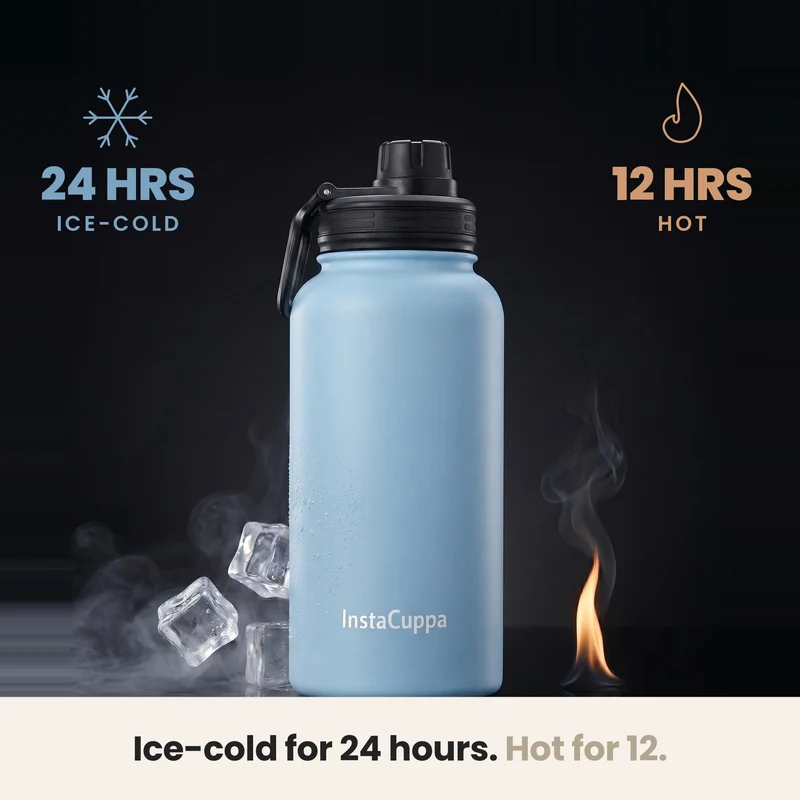 InstaCuppa Insulated Water Bottle 1L — Stainless Steel Thermos Flask, Double-Wall Vacuum, Sports Sipper Lid