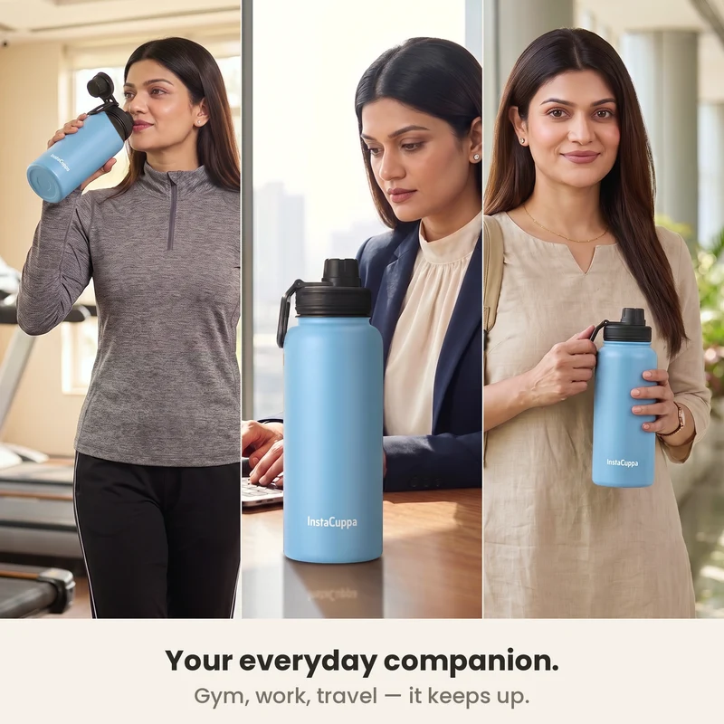 InstaCuppa Insulated Water Bottle 1L — Stainless Steel Thermos Flask, Double-Wall Vacuum, Sports Sipper Lid