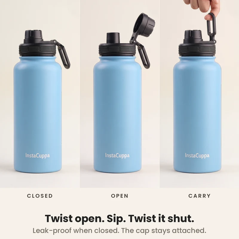 InstaCuppa Insulated Water Bottle 1L — Stainless Steel Thermos Flask, Double-Wall Vacuum, Sports Sipper Lid