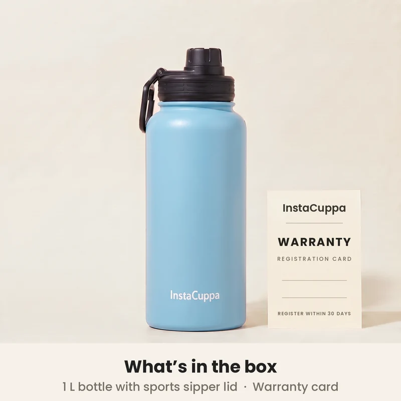 InstaCuppa Insulated Water Bottle 1L — Stainless Steel Thermos Flask, Double-Wall Vacuum, Sports Sipper Lid