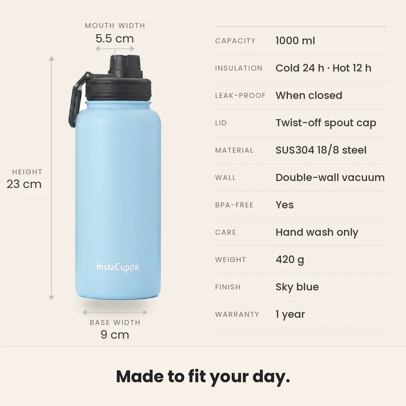 InstaCuppa Insulated Water Bottle 1L — Stainless Steel Thermos Flask, Double-Wall Vacuum, Sports Sipper Lid