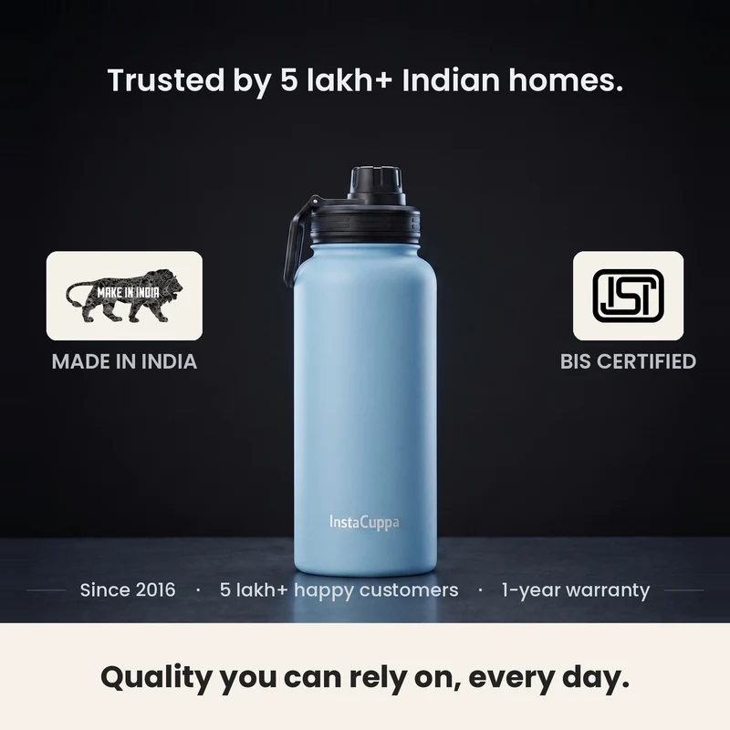 InstaCuppa Insulated Water Bottle 1L — Stainless Steel Thermos Flask, Double-Wall Vacuum, Sports Sipper Lid