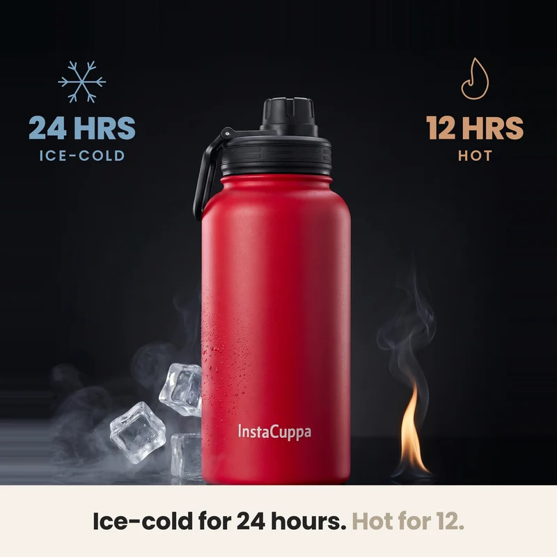 InstaCuppa Insulated Water Bottle 1L — Stainless Steel Thermos Flask, Double-Wall Vacuum, Sports Sipper Lid