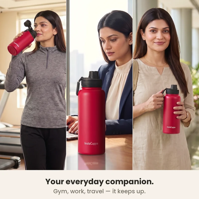 InstaCuppa Insulated Water Bottle 1L — Stainless Steel Thermos Flask, Double-Wall Vacuum, Sports Sipper Lid