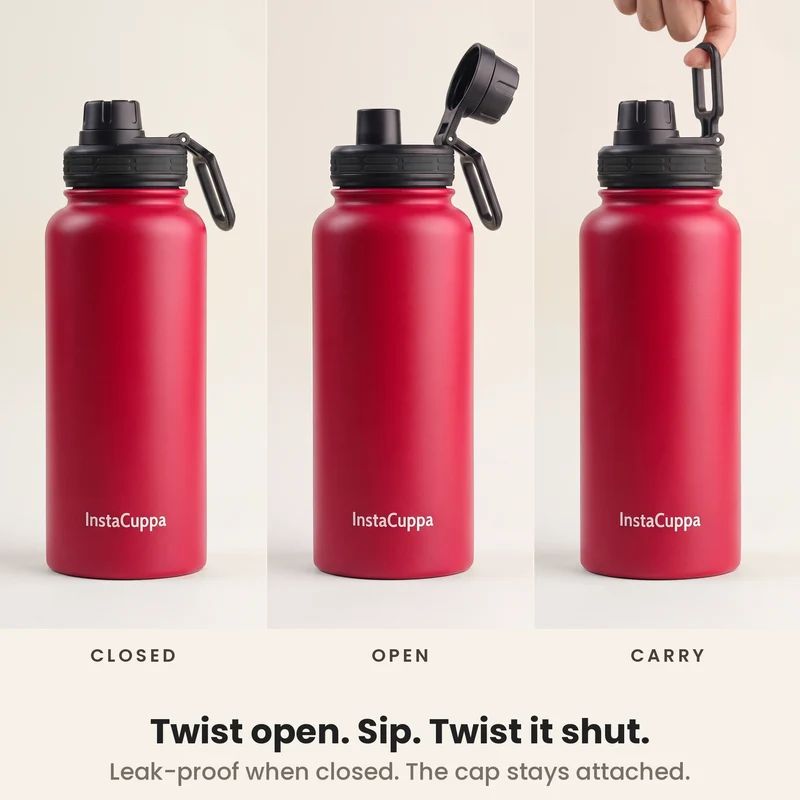 InstaCuppa Insulated Water Bottle 1L — Stainless Steel Thermos Flask, Double-Wall Vacuum, Sports Sipper Lid