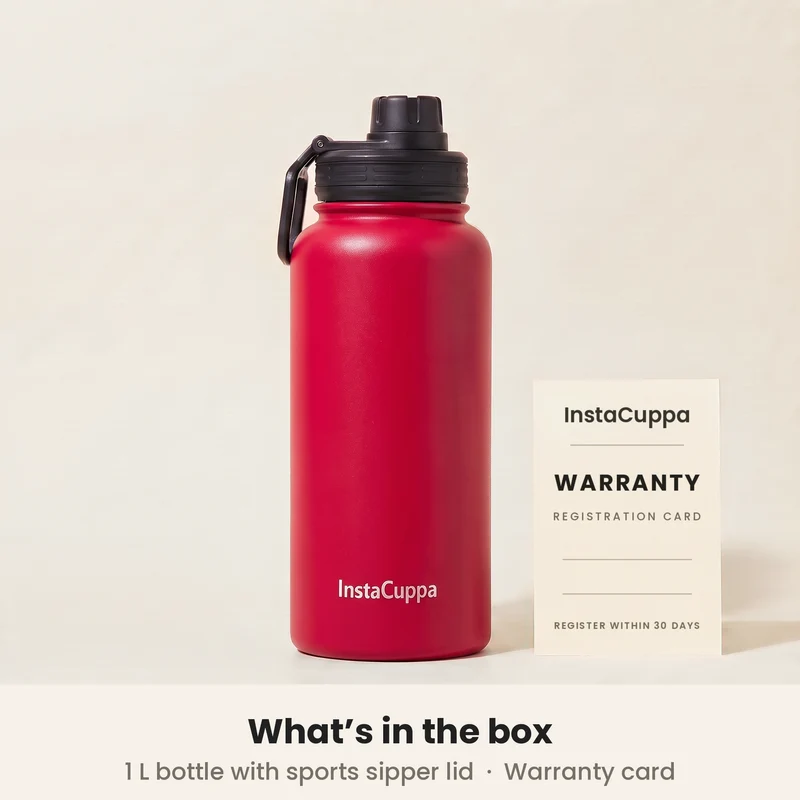 InstaCuppa Insulated Water Bottle 1L — Stainless Steel Thermos Flask, Double-Wall Vacuum, Sports Sipper Lid