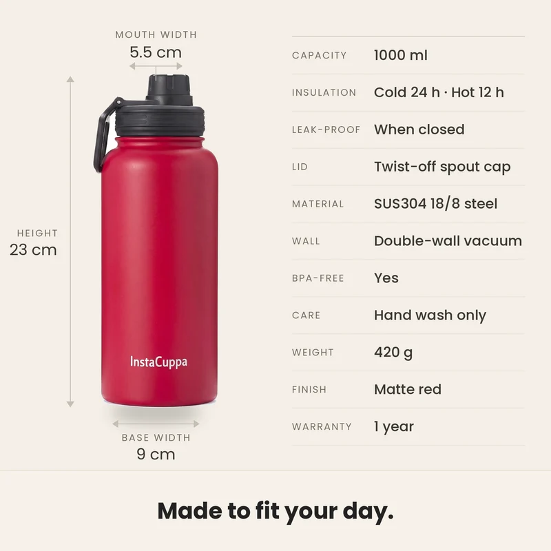 InstaCuppa Insulated Water Bottle 1L — Stainless Steel Thermos Flask, Double-Wall Vacuum, Sports Sipper Lid