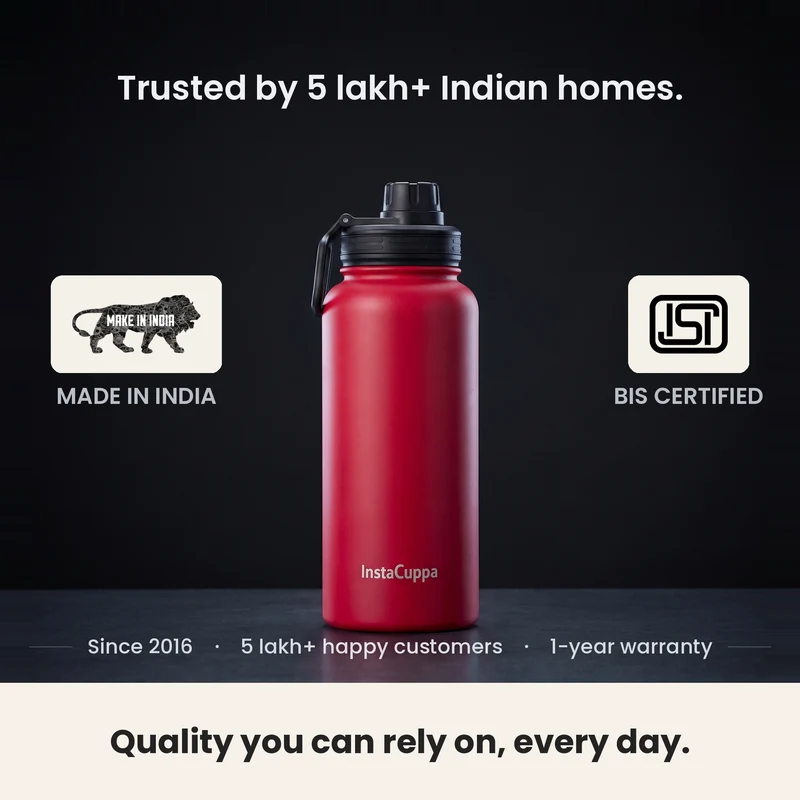 InstaCuppa Insulated Water Bottle 1L — Stainless Steel Thermos Flask, Double-Wall Vacuum, Sports Sipper Lid