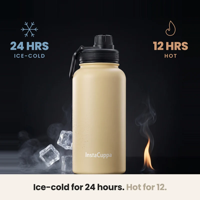 InstaCuppa Insulated Water Bottle 1L — Stainless Steel Thermos Flask, Double-Wall Vacuum, Sports Sipper Lid