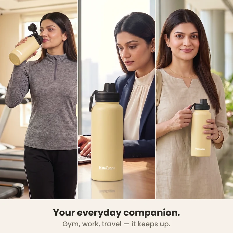 InstaCuppa Insulated Water Bottle 1L — Stainless Steel Thermos Flask, Double-Wall Vacuum, Sports Sipper Lid