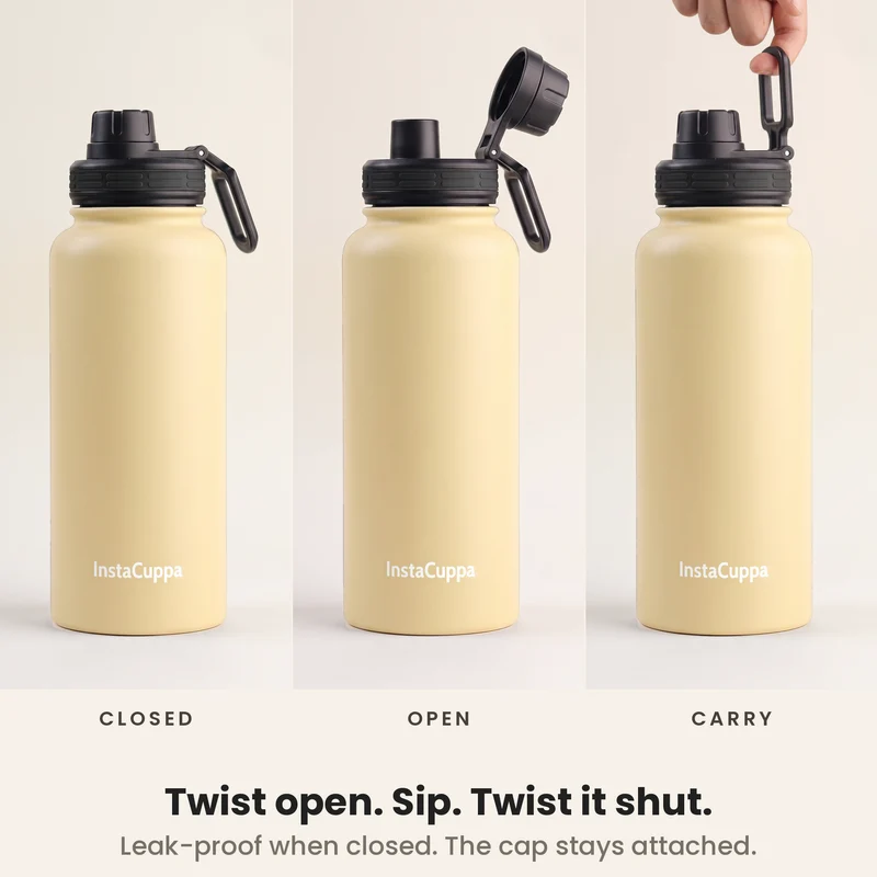 InstaCuppa Insulated Water Bottle 1L — Stainless Steel Thermos Flask, Double-Wall Vacuum, Sports Sipper Lid