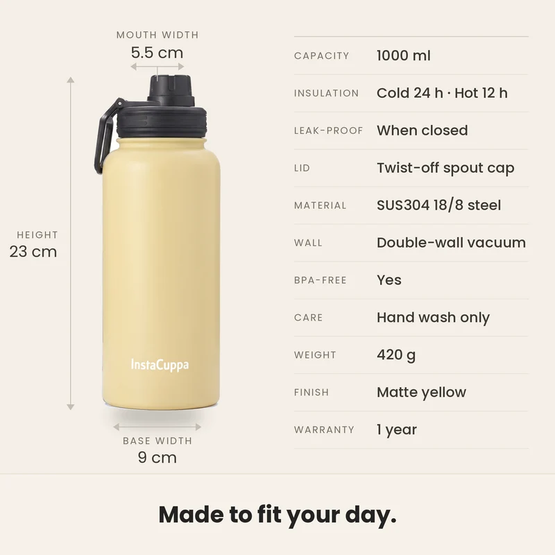 InstaCuppa Insulated Water Bottle 1L — Stainless Steel Thermos Flask, Double-Wall Vacuum, Sports Sipper Lid