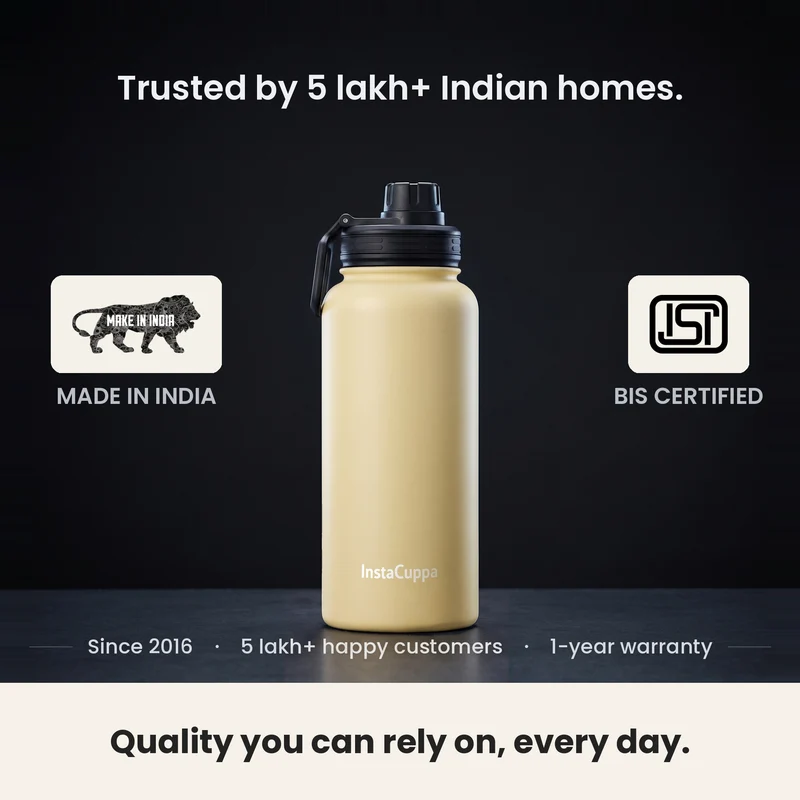InstaCuppa Insulated Water Bottle 1L — Stainless Steel Thermos Flask, Double-Wall Vacuum, Sports Sipper Lid