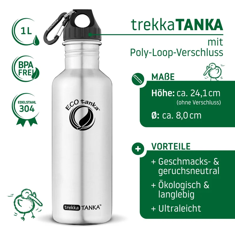 1,0l trekkaTANKA™ Edelstahl Trinkflasche mit Poly-Loop-Verschluss