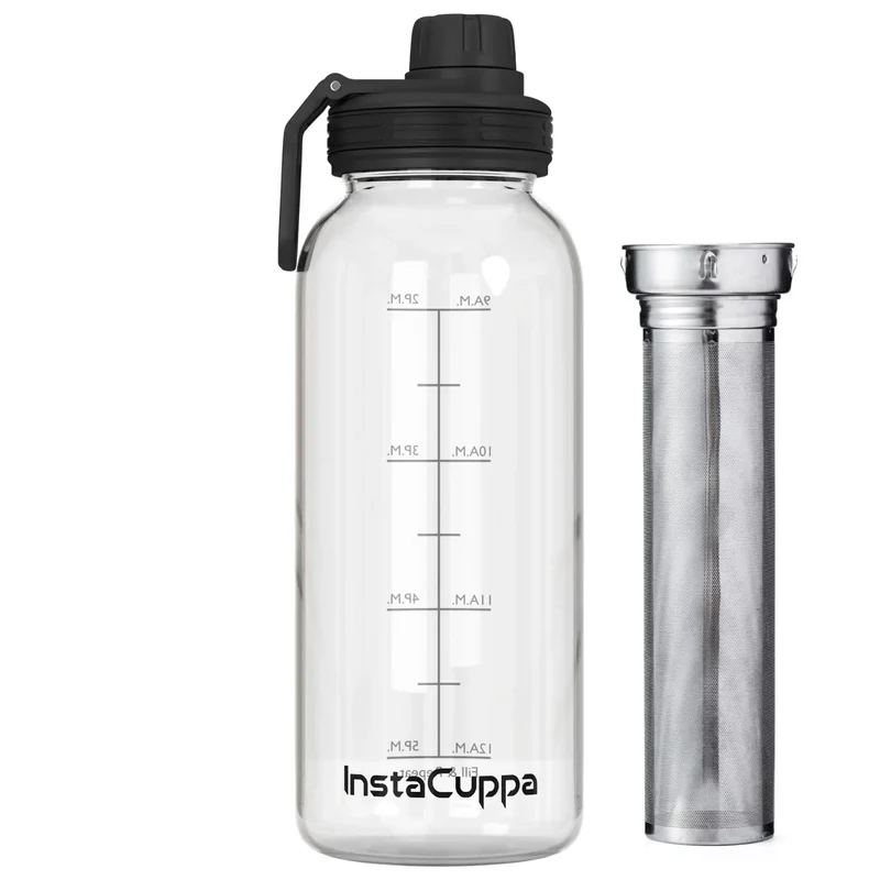InstaCuppa Borosilicate Glass Water Bottle with Full Length Steel Infuser, Sports Sipper Lid, Time Markings, Neoprene Sleeve