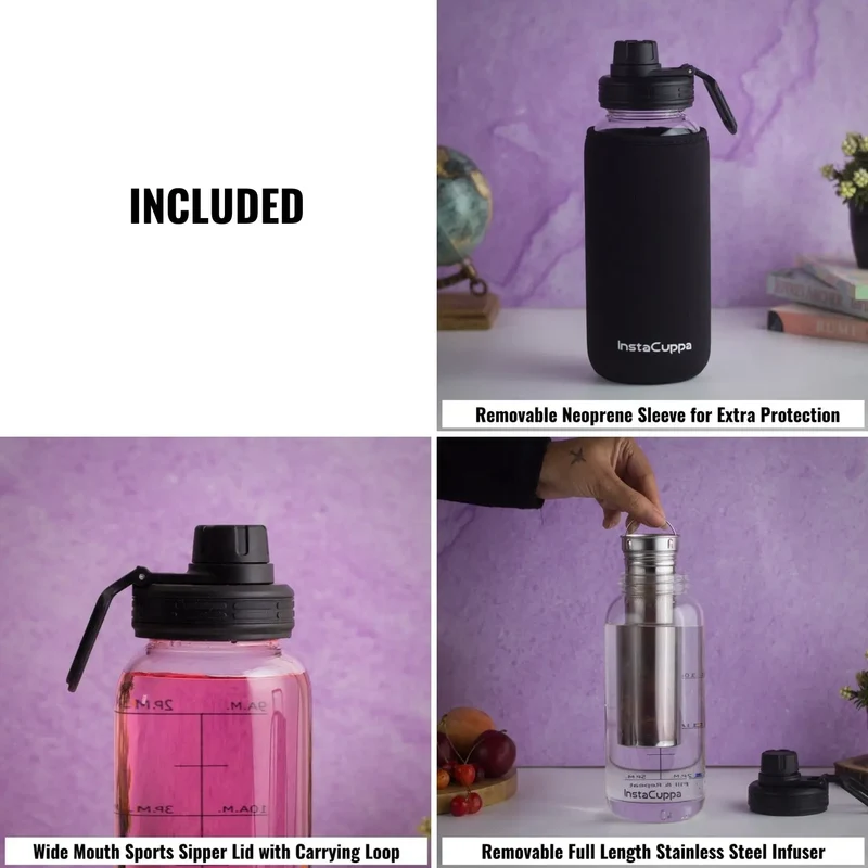 InstaCuppa Borosilicate Glass Water Bottle with Full Length Steel Infuser, Sports Sipper Lid, Time Markings, Neoprene Sleeve