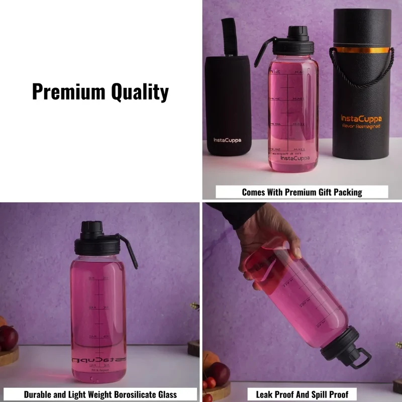 InstaCuppa Borosilicate Glass Water Bottle with Full Length Steel Infuser, Sports Sipper Lid, Time Markings, Neoprene Sleeve