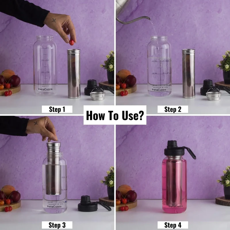 InstaCuppa Borosilicate Glass Water Bottle with Full Length Steel Infuser, Sports Sipper Lid, Time Markings, Neoprene Sleeve