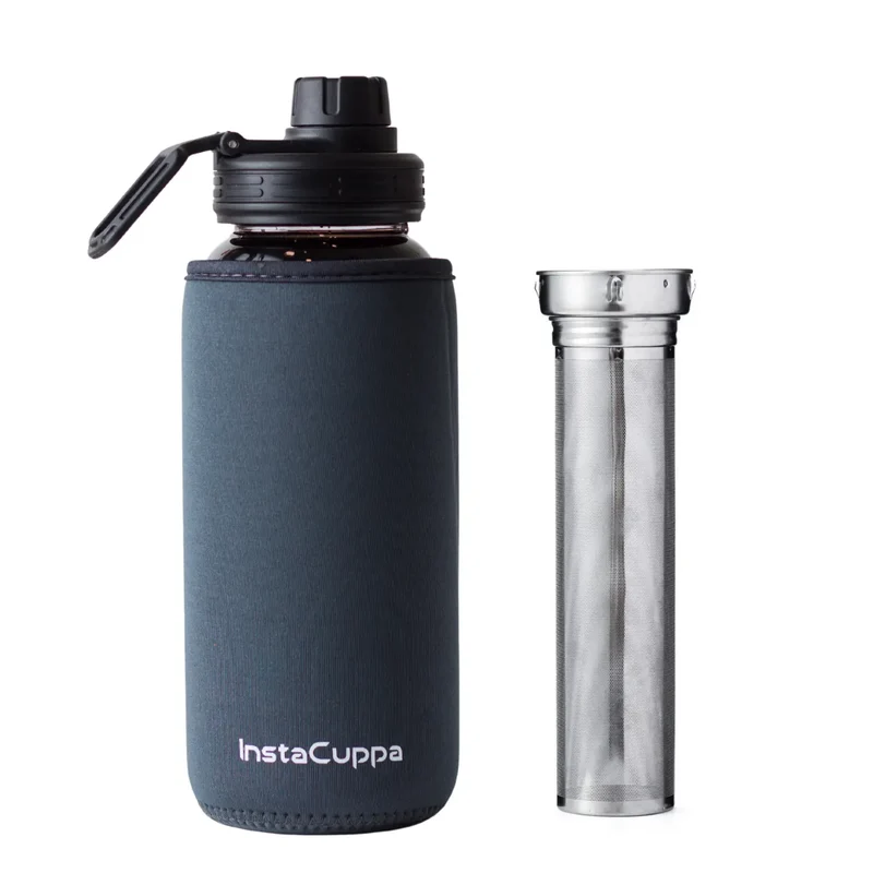 InstaCuppa Borosilicate Glass Water Bottle with Full Length Steel Infuser, Sports Sipper Lid, Time Markings, Neoprene Sleeve
