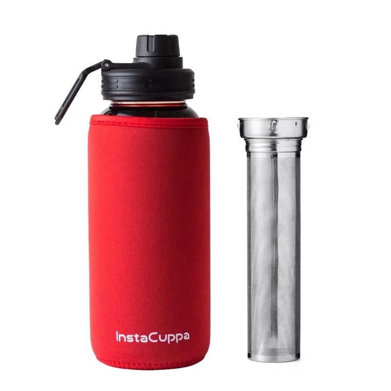 InstaCuppa Borosilicate Glass Water Bottle with Full Length Steel Infuser, Sports Sipper Lid, Time Markings, Neoprene Sleeve