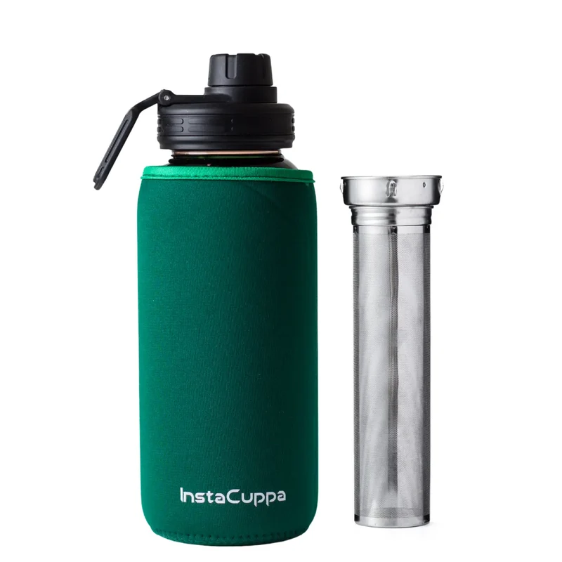 InstaCuppa Borosilicate Glass Water Bottle with Full Length Steel Infuser, Sports Sipper Lid, Time Markings, Neoprene Sleeve