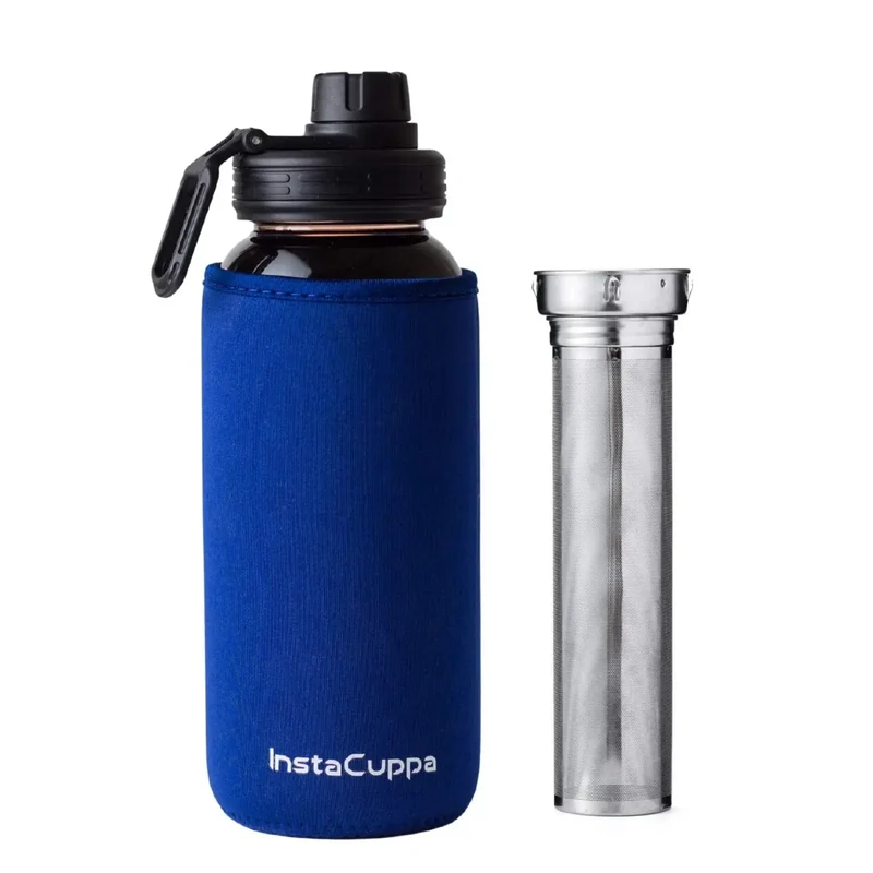 InstaCuppa Borosilicate Glass Water Bottle with Full Length Steel Infuser, Sports Sipper Lid, Time Markings, Neoprene Sleeve