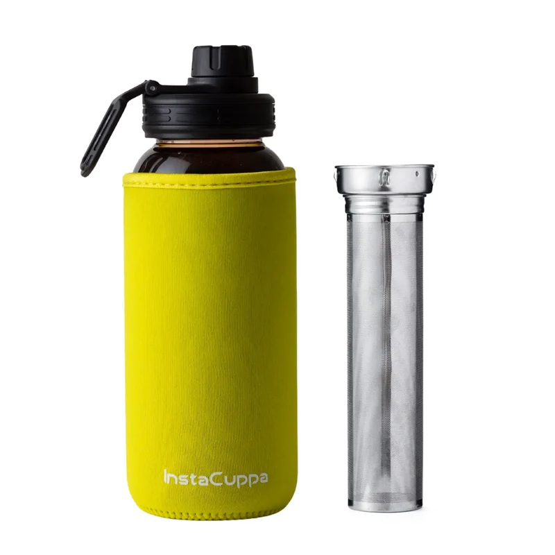 InstaCuppa Borosilicate Glass Water Bottle with Full Length Steel Infuser, Sports Sipper Lid, Time Markings, Neoprene Sleeve