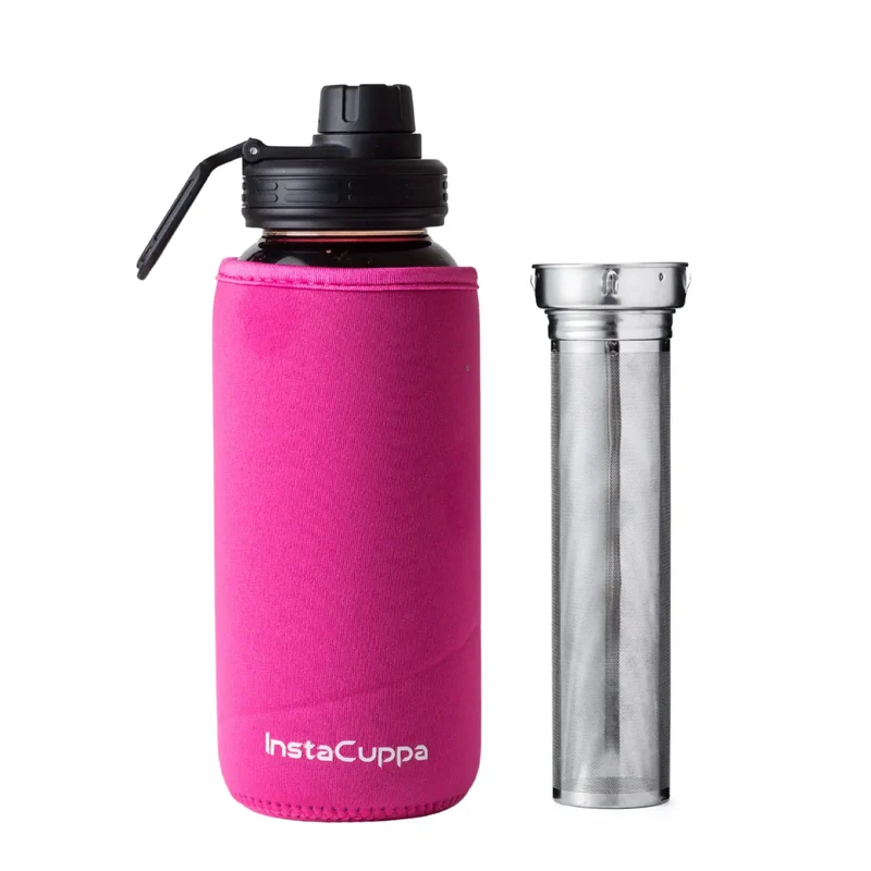 InstaCuppa Borosilicate Glass Water Bottle with Full Length Steel Infuser, Sports Sipper Lid, Time Markings, Neoprene Sleeve