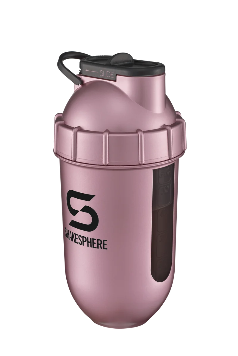 Protein shaker bottle 700mls "Tumbler View" Rose Gold/Black Logo/Black Window