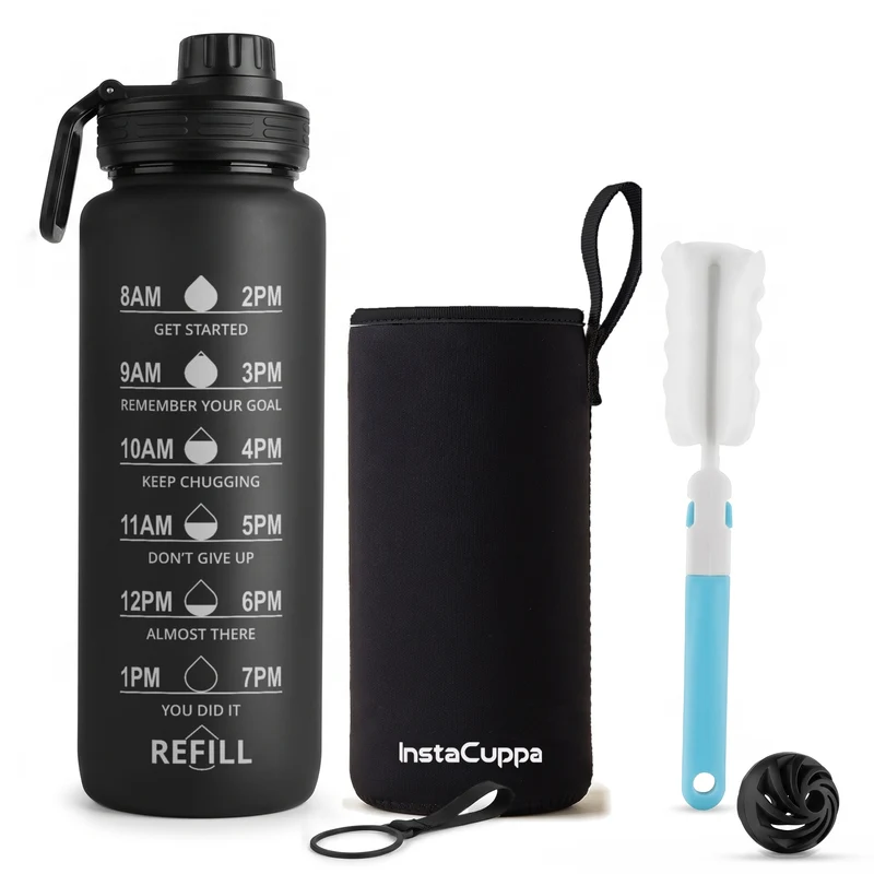 InstaCuppa Motivational Water Bottle 1 Litre with Time Markings, BPA-Free Sipper Bottle with Leak-Proof Sports Lid, Neoprene Sleeve, Shaker Ball and Cleaning Brush