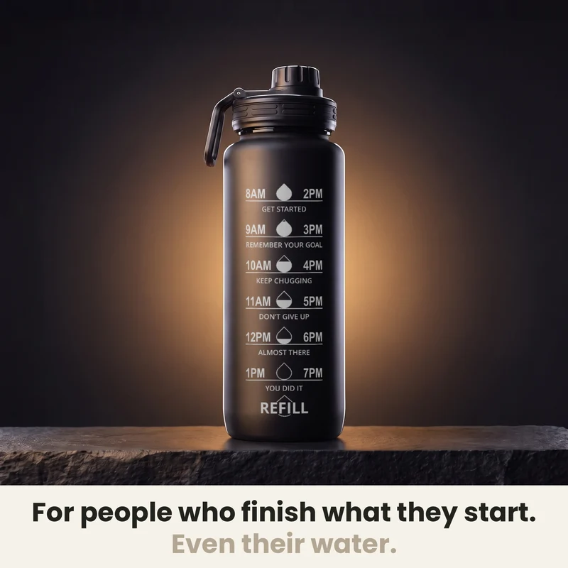 InstaCuppa Motivational Water Bottle 1 Litre with Time Markings, BPA-Free Sipper Bottle with Leak-Proof Sports Lid, Neoprene Sleeve, Shaker Ball and Cleaning Brush