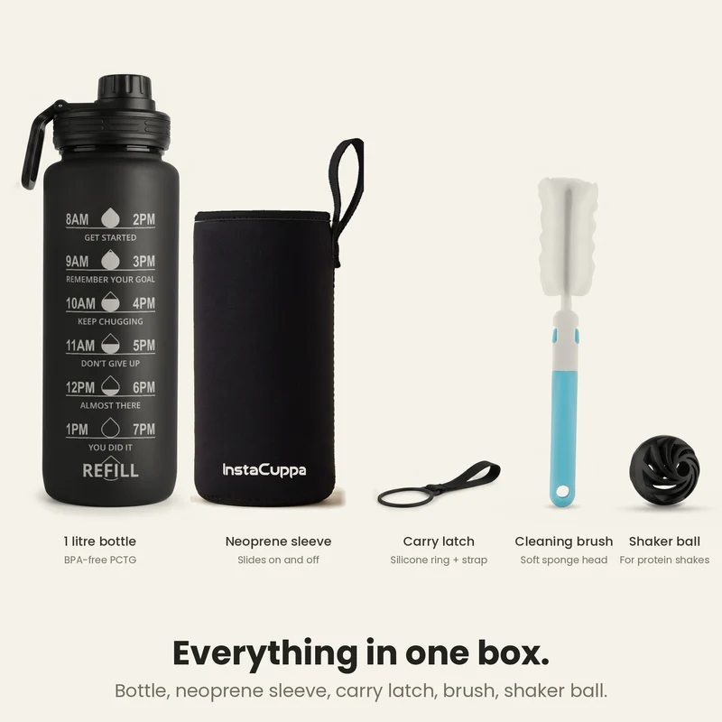 InstaCuppa Motivational Water Bottle 1 Litre with Time Markings, BPA-Free Sipper Bottle with Leak-Proof Sports Lid, Neoprene Sleeve, Shaker Ball and Cleaning Brush