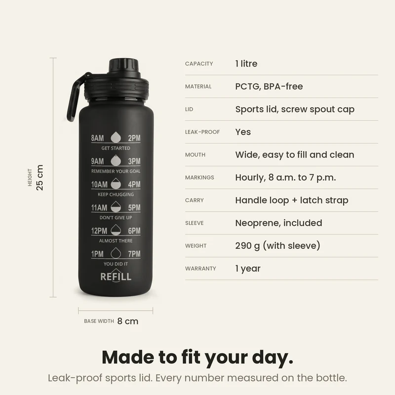 InstaCuppa Motivational Water Bottle 1 Litre with Time Markings, BPA-Free Sipper Bottle with Leak-Proof Sports Lid, Neoprene Sleeve, Shaker Ball and Cleaning Brush