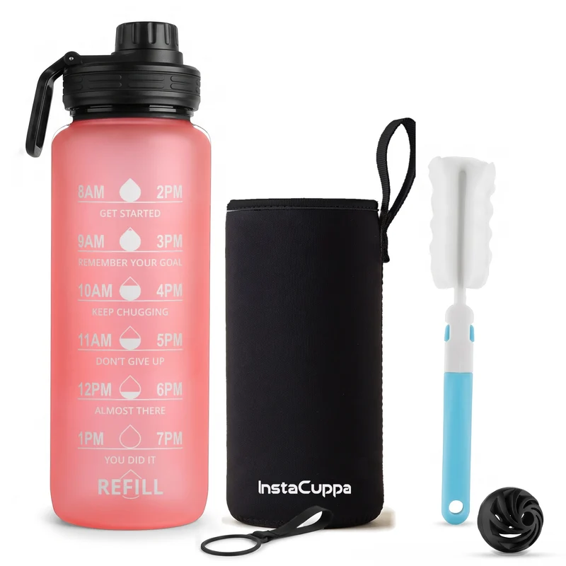 InstaCuppa Motivational Water Bottle 1 Litre with Time Markings, BPA-Free Sipper Bottle with Leak-Proof Sports Lid, Neoprene Sleeve, Shaker Ball and Cleaning Brush