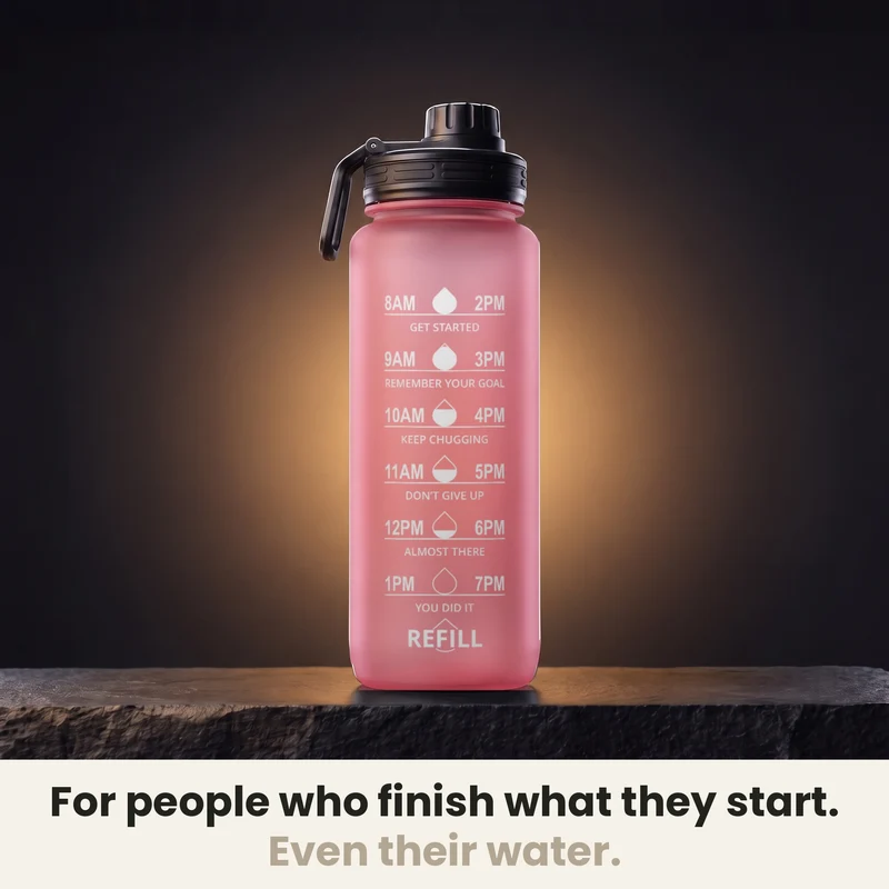 InstaCuppa Motivational Water Bottle 1 Litre with Time Markings, BPA-Free Sipper Bottle with Leak-Proof Sports Lid, Neoprene Sleeve, Shaker Ball and Cleaning Brush
