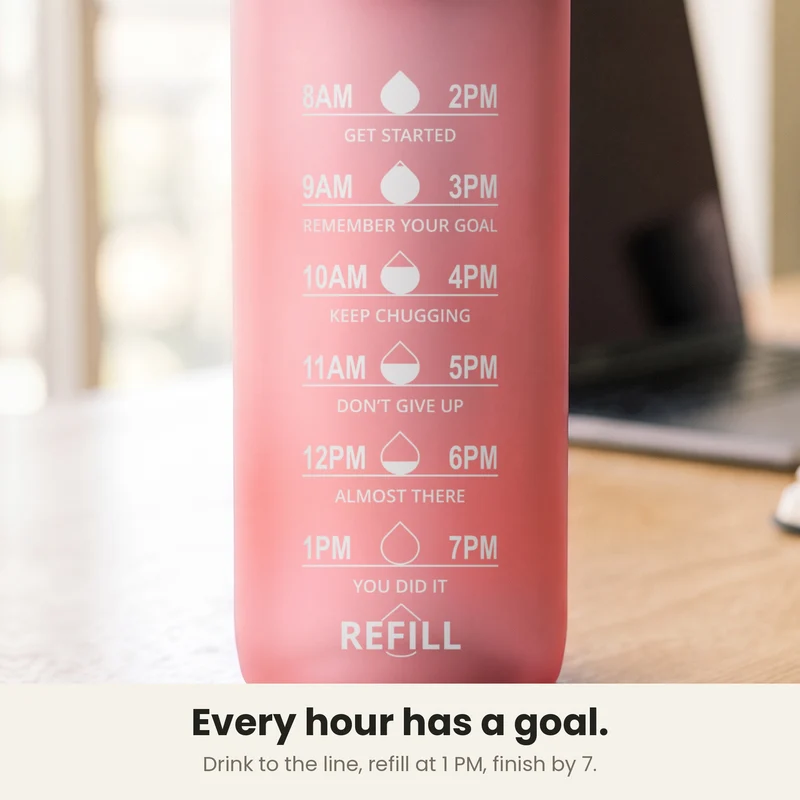 InstaCuppa Motivational Water Bottle 1 Litre with Time Markings, BPA-Free Sipper Bottle with Leak-Proof Sports Lid, Neoprene Sleeve, Shaker Ball and Cleaning Brush