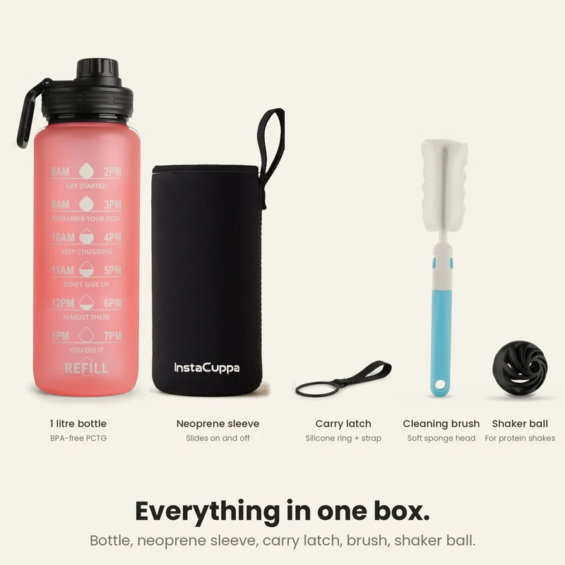 InstaCuppa Motivational Water Bottle 1 Litre with Time Markings, BPA-Free Sipper Bottle with Leak-Proof Sports Lid, Neoprene Sleeve, Shaker Ball and Cleaning Brush