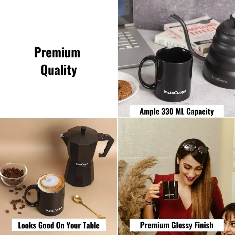 InstaCuppa Ceramic Coffee Mugs with Handle Home Kitchen Use,Business,Gift,Ceramic 350 ML , Pack of 4 , Black