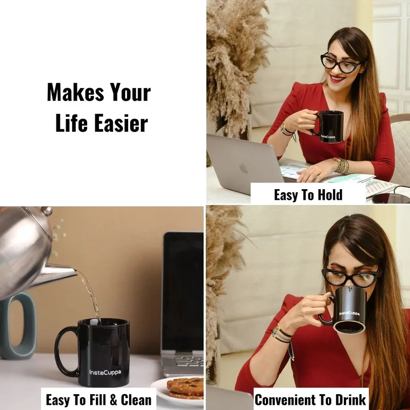 InstaCuppa Ceramic Coffee Mugs with Handle Home Kitchen Use,Business,Gift,Ceramic 350 ML , Pack of 4 , Black