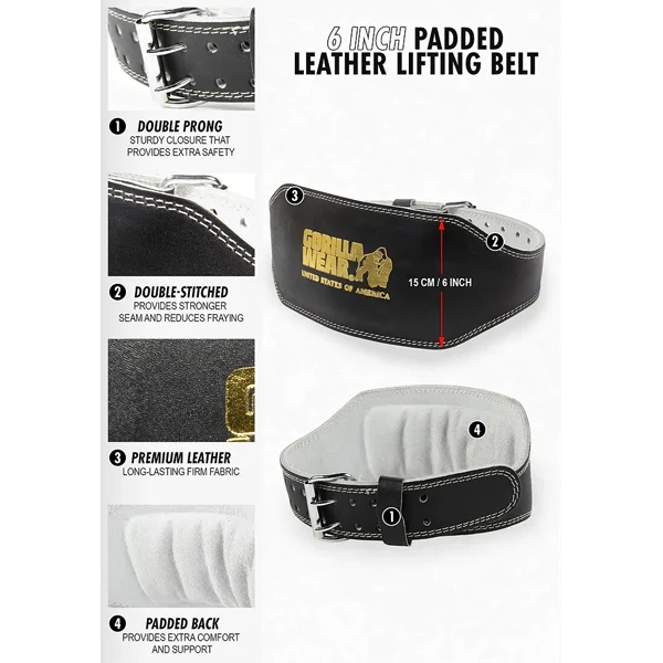 Gorilla Wear 6 INCH LEATHER PADDED BELT, Black