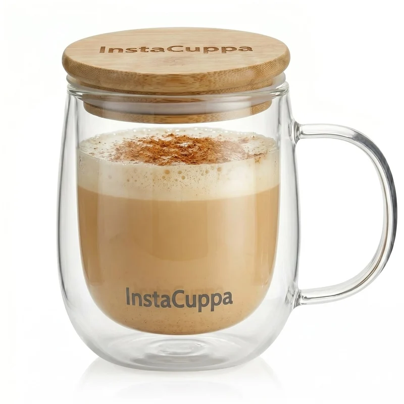InstaCuppa Double Wall Glass Coffee Mug with Bamboo Lid and Large Handle, 300 ML, Pack of 2