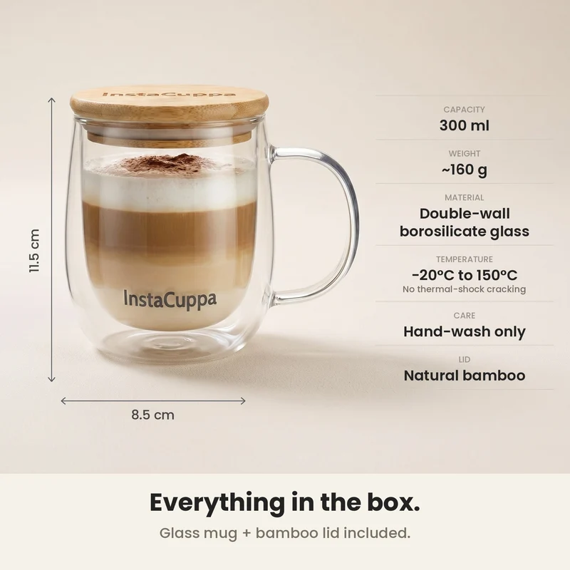 InstaCuppa Double Wall Glass Coffee Mug with Bamboo Lid and Large Handle, 300 ML, Pack of 2