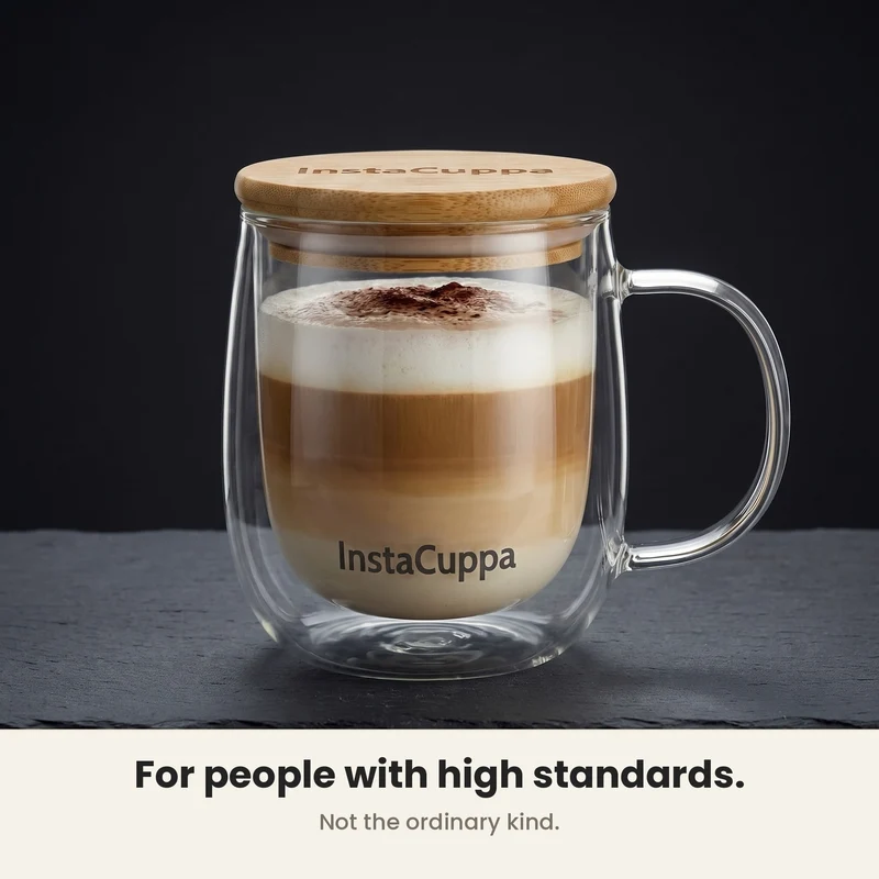 InstaCuppa Double Wall Glass Coffee Mug with Bamboo Lid and Large Handle, 300 ML, Pack of 2